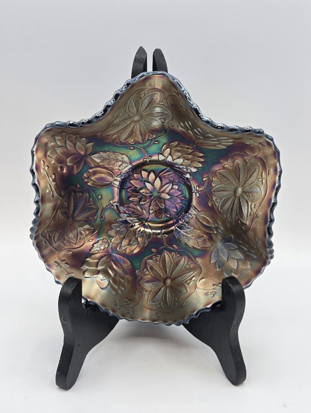 Vintage Iridescent Fenton Carnival Glass Lotus Leaf Footed Bowl
